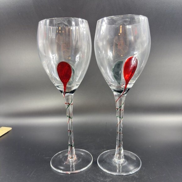 Pier 1 Red Green Swirl Wine Goblet Drinking Glasses Optic Discontinued Set of 2 - Picture 13 of 13
